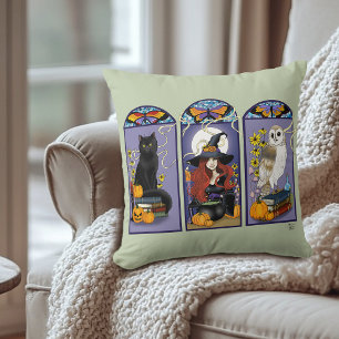 Art Nouveau Witch Owl Cat Halloween Throw Pillow