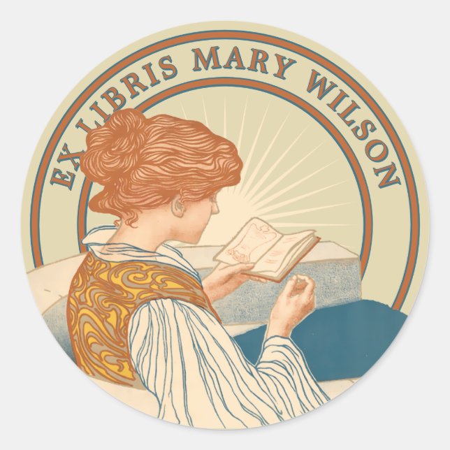 Art Nouveau Woman & Book 1900 Ex Libris Template Classic Round Sticker (Front)