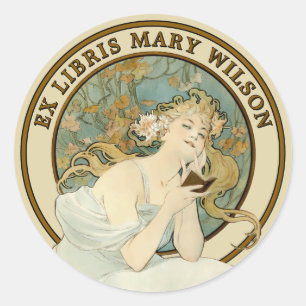 Art Nouveau Woman & Book Mucha Ex Libris Template Classic Round Sticker