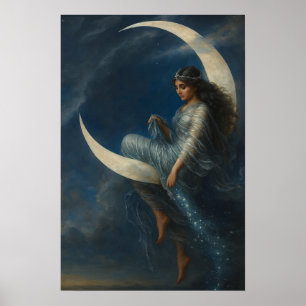 Art Nouveau Woman on Crescent Moon Poster