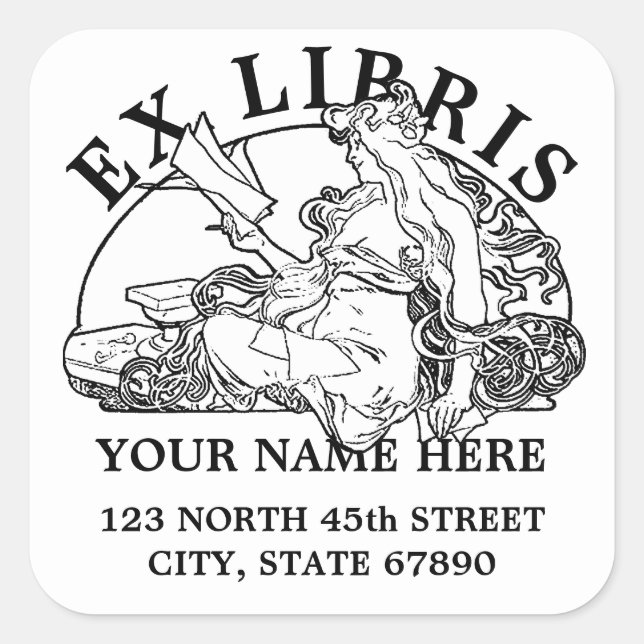 Art Nouveau Woman Reading Mucha Ex Libris Template Square Sticker (Front)