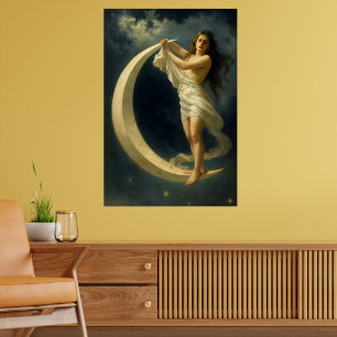 Art Nouveau Woman Riding On A Crescent Moon Poster