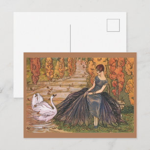 Art Nouveau Woman Swan vintage art illustration Postcard