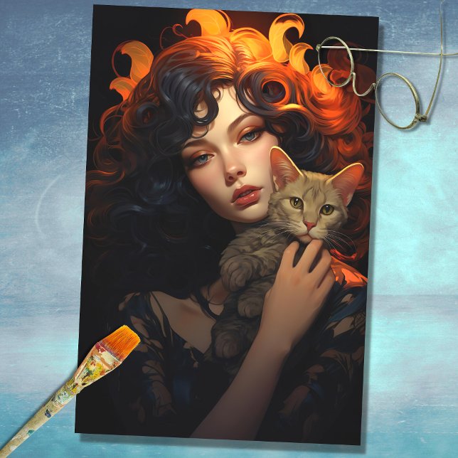 Art Nouveau Woman with Cat 1 Decoupage Paper (Creator Uploaded)