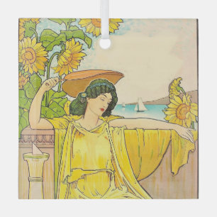 Art Nouveau Woman with Sunflowers  Glass Ornament