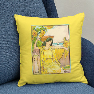Art Nouveau Woman with Sunflowers Throw Pillow