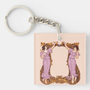 Art Nouveau Women Floral Frame Vintage Decorative Keychain