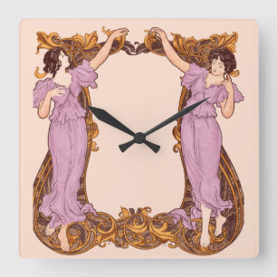 Art Nouveau Women Floral Frame Vintage Decorative  Square Wall Clock