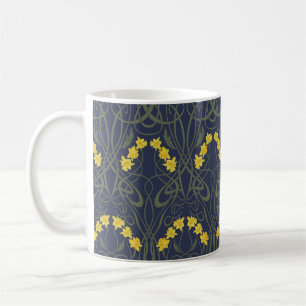 Art Nouveau Yellow Daffodils and Stems Blue Coffee Mug
