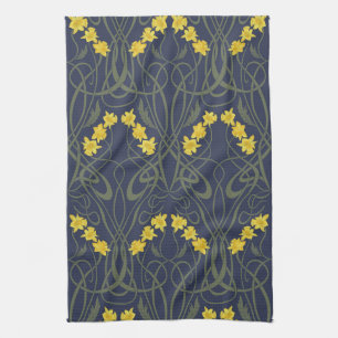 Art Nouveau Yellow Daffodils and Stems Blue Kitchen Towel