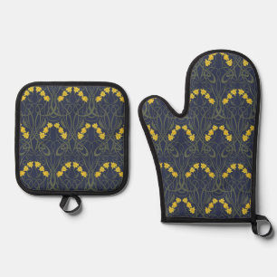 Art Nouveau Yellow Daffodils and Stems Blue Oven Mitt & Pot Holder Set