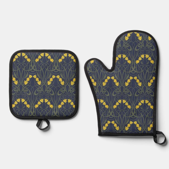Art Nouveau Yellow Daffodils and Stems Blue Oven Mitt & Pot Holder Set (Front)