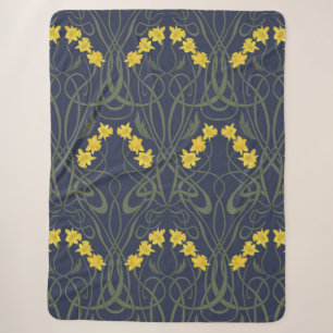 Art Nouveau Yellow Daffodils and Stems Blue Sherpa Blanket