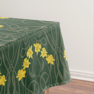 Art Nouveau Yellow Daffodils and Stems Green Tablecloth