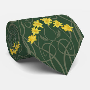 Art Nouveau Yellow Daffodils and Stems Green Tie