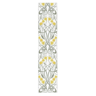 Art Nouveau Yellow Daffodils and Stems White Short Table Runner