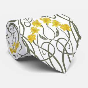 Art Nouveau Yellow Daffodils and Stems White Tie