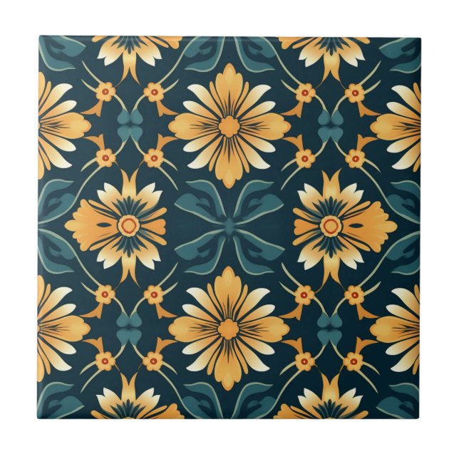 Art Nouveau Yellow Floral Pattern Tile (Front)