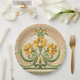 Art Nouveau Yellow Flower Bouquets Medallion Paper Plate