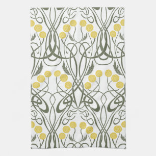 Art Nouveau Yellow Roses and Sinuous Stems Kitchen Towel