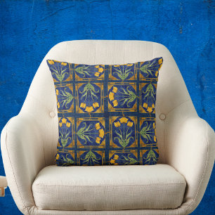 Art Nouveau Yellow Tulip n Royal Blue Tile Pattern Throw Pillow