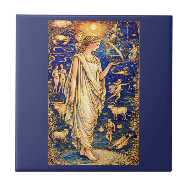 Art Nouveau Zodiac Goddess Celestial Illustration  Tile (Front)