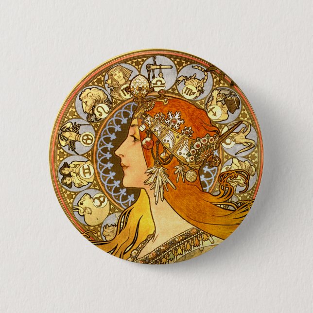 Art Nouveau Zodiac Mucha Art 2 Inch Round Button (Front)