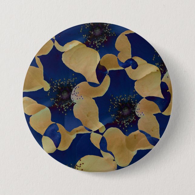 Art of beige and blue colour floral/flower pattern 3 inch round button (Front)