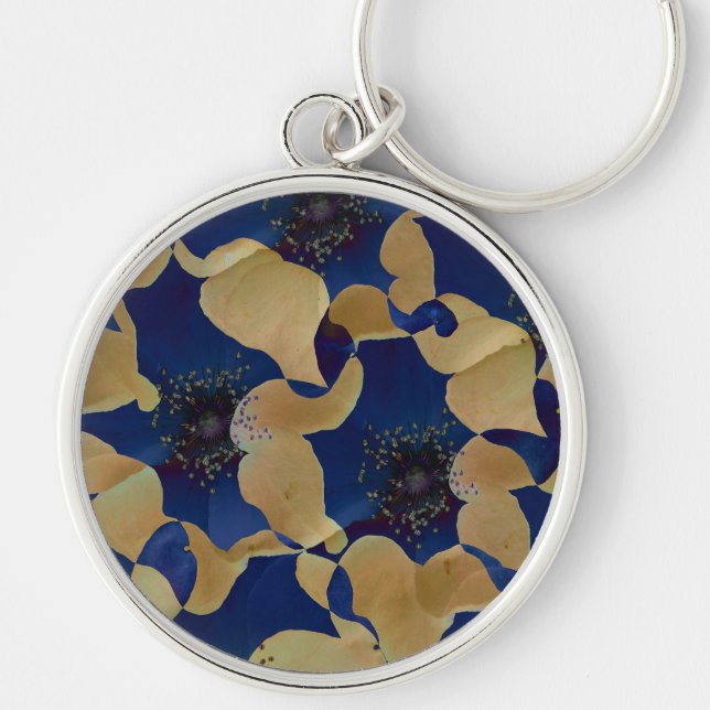 Art of beige and blue colour floral/flower pattern keychain (Front)