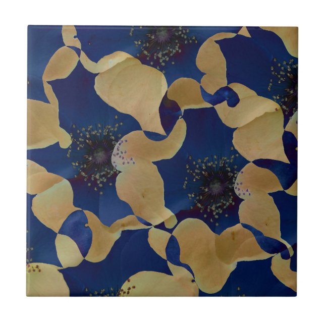 Art of beige and blue colour floral/flower pattern tile (Front)