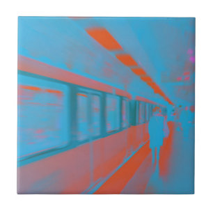 Art of Parisian woman at subway in blue orange Tile