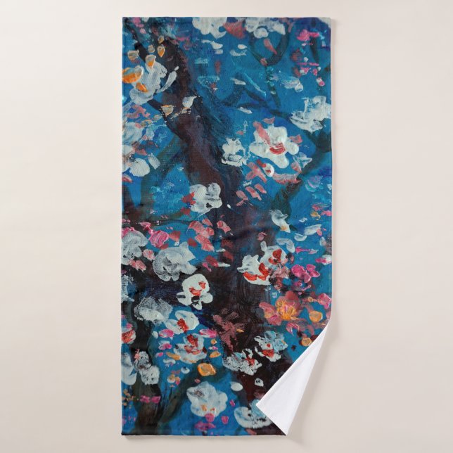 Art oil painting, cherry blossom flower, abstract, bath towel (Bath Towel)