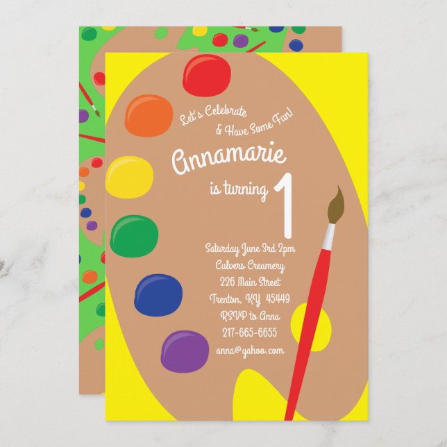 Art Paint Palette 1er Anniversaire Cute Invitation (Devant / Derrière)