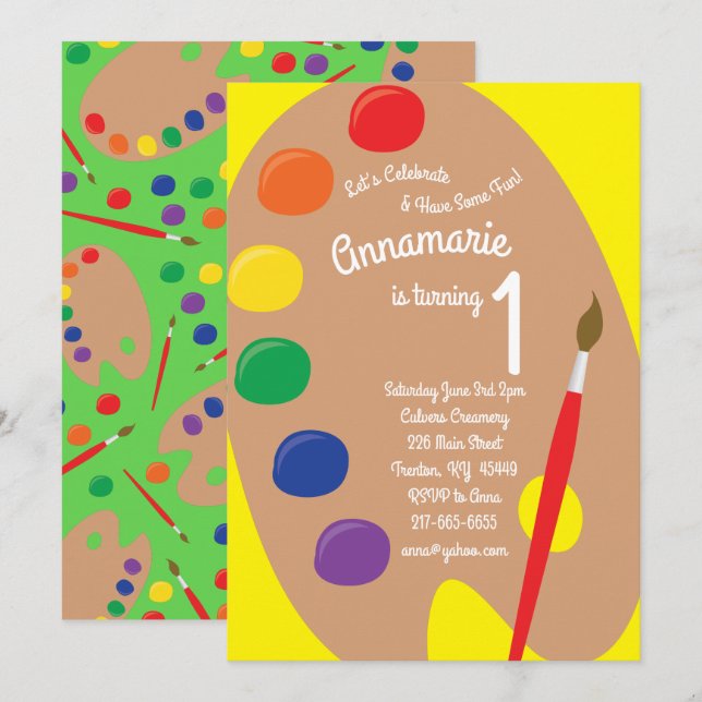 Art Paint Palette 1st Birthday Cute Invitations (Front/Back)