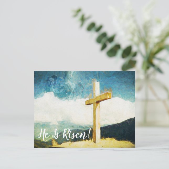 Art Painting Cross He Is Risen Happy Easter Holiday Postcard (Standing Front)