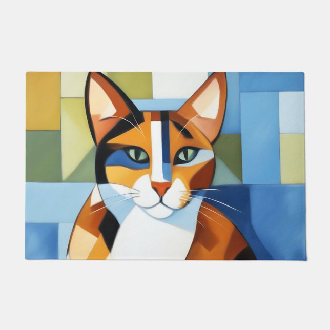Art Painting Cubist Calico Cat Doormat (Front)