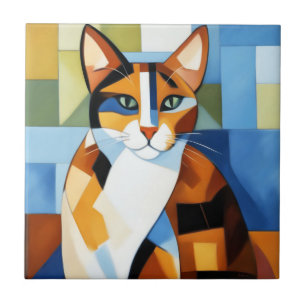Art Painting Cubist Calico Cat Tile