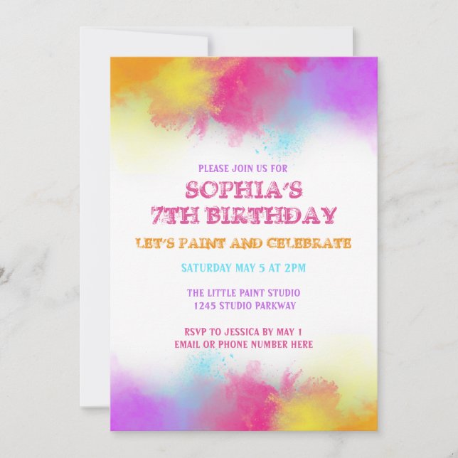 Art Party Paint Splatter Rainbow Kids Invitation (Front)