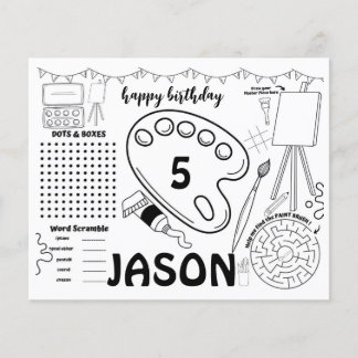 Art party placemats, art activity colouring page
