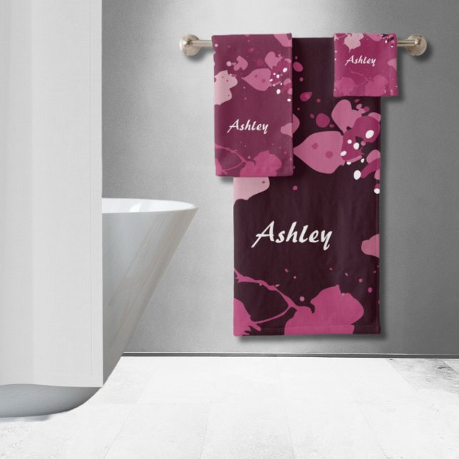 Art Pink Paint Splatter Nom (Artistic Pink Paint Splatter Name Bath Towel Set)