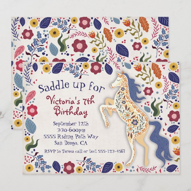 Art populaire Boho Horse Anniversaire Invitation d (Devant / Derrière)