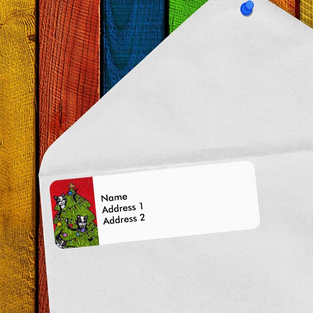 Art populaire Chats Arbre de Noël (Naughty tuxedo Cats in decorated Christmas Tree on return address labels.)