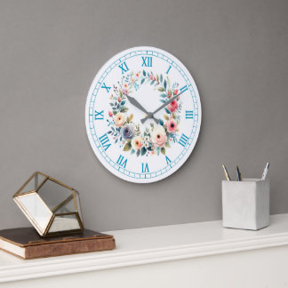 Art Print Watercolor Wildflower Roses Wreath Large Clock