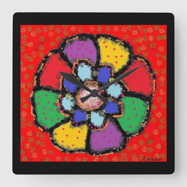 Art red petals abstract flower design mixed color square wall clock (Front)