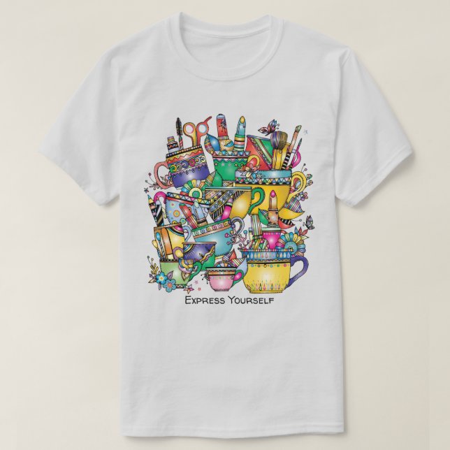 Art Supplies in Colourful Cups Personalize Text T-Shirt (Design Front)