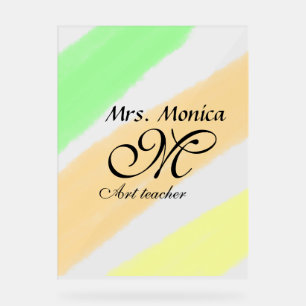 Art teacher yellow green watercolor stripes name acrylic sign