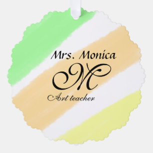 Art teacher yellow green watercolor stripes name ornament card