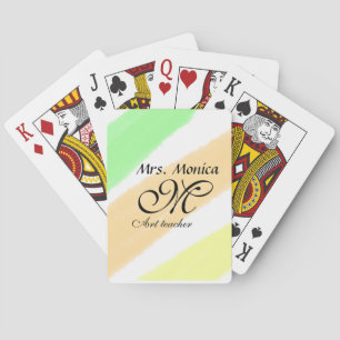 Art teacher yellow green watercolor stripes name playing cards