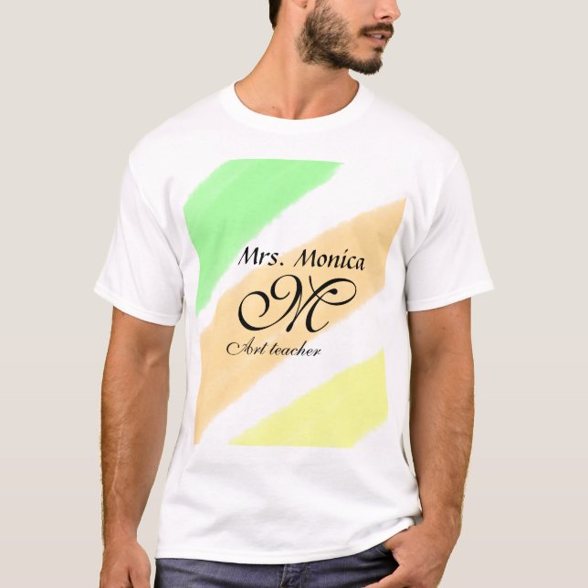 Art teacher yellow green watercolor stripes name T-Shirt (Front)