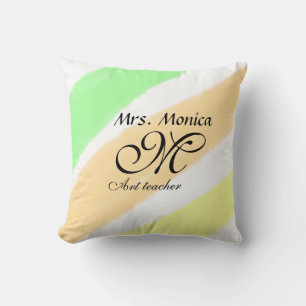 Art teacher yellow green watercolor stripes name throw pillow